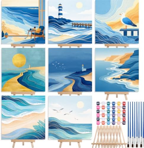 Nezyo 8 Sets 8 x 8 Inch Paint by Numbers Kit for Adult Beginners with Wooden Easels Acrylic Paint by Number Landscape Paintings Kits for DIY Party Home Decor Gift(Blue Ocean)