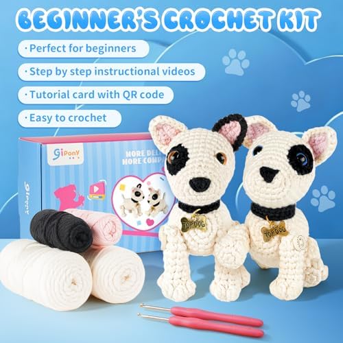 Gipony Crochet Kit for Beginners Animal,Crochet Animal Kits,Crocheting Kit for Starters,Learn to Crochet with Step-by-Step Video Tutorials,Beginner Crochet Kits Adults(2 Pack Bull Terrier)