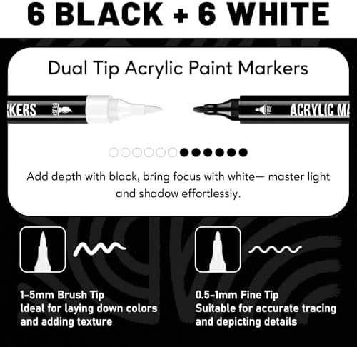 Pagather Black and White Acrylic Paint Markers, 12 Dual Tip with Fine Tip and Brush Tip Pens for Fabric, Stone, Wood, Canvas, Ceramic, Metal, Glass, Rock Painting, DIY Crafts