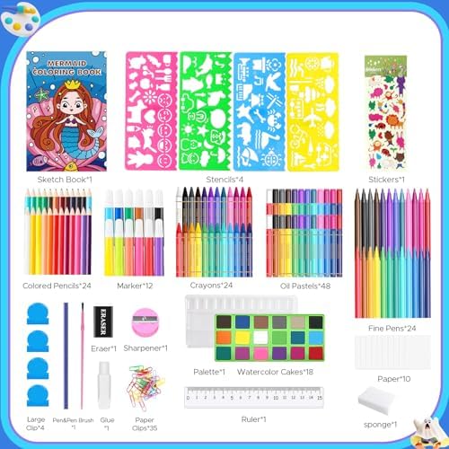 homicozy Art Supplies for Kids Ages 4-12,Mermaid Drawing Sets Art Case,Coloring Kits with Double Sided Trifold Easel,Crayon,Colored Pencil,Marker,Coloring Book,Drawing Stuffs Gifts for Girls Age 4-6-8