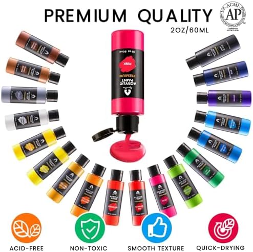 34 Pcs Acrylic Paint Set, 18 Colors 2oz/60ml Rich Pigments (Classic)