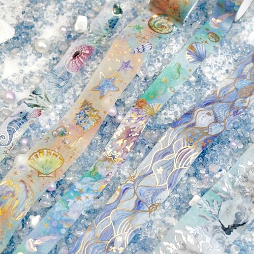 Marine Life Washi Tape Set 24 Rolls Gold Silver Foil Masking Underwater World Graphic Decorative Tapes for Arts, DIY Crafts, Journals, Planners, Scrapbook, Wrapping