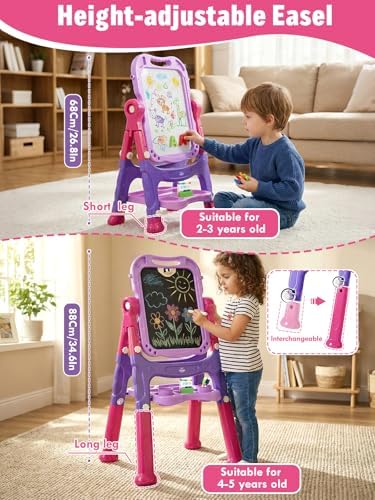 Lehoo Castle Easel for Kids 3-5, Magnetic Chalkboard Whiteboard(Purple)