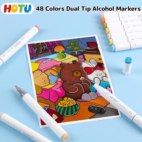 HOTU Alcohol Markers Brush&Fine Tip 48 Color for Adults Coloring Beginner | Dual Tips Art Markers Pens, Alcohol-based for Artists Drawing Illustration Sketching, Non-Bleeding Pad-CPC Certificated
