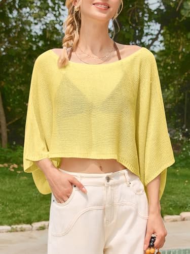 Saodimallsu Womens Crochet Cover Ups Batwing Sleeve Sweater Crop Tops Lightweight Summer Boho Knit Sheer Poncho Top
