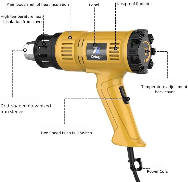 Zeluga 29-434 Heavy Duty Fast Heating Hot Air Gun Kit with Variable Temperature Control and Overload Protection with 4 Nozzles for Crafts, 1800W 140℉~1112℉（60℃- 600℃）