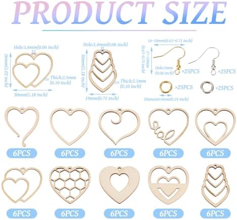 Elecrelive 60pcs Valentine's Day Wooden Earring Set Wooden Heart Charms Unfinished Wood Charms Wood Cutout Earrings for DIY Earring Necklace Jewelry Making