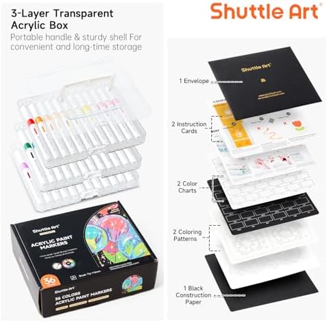 Shuttle Art Automatic Ink Control Acrylic Paint Markers, 36 Colors Brush Tip Acrylic Paint Pens for Rock Painting, Ceramic, Wood, Canvas, Glass, Stone, Fabric, Card, DIY Football Crafts