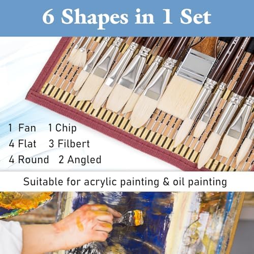 Falling in Art 15 Pcs Professional Oil Paint Brush Set, Natural Hog Bristle
