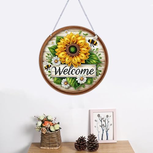 ARPADAMO Hanging Diamonds Art kit for Adult,DIY Sunflower Bee Pendant Diamonds Painting Art Kit, 7.0x7.0 inch Acrylic Diamonds Painting Board Kit Ornament, Special Crystal Diamond Hanging Ornament