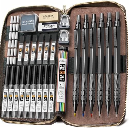 STAGEEK 30Pcs Black Metal Mechanical Pencil Set with Leather Case | 6PCS Art Drafting Pencils, 0.5, 0.7, 0.9, 2.0MM Mechanical Drawing Pencils with 300PCS(6B/4B/2B/HB/2H/4H/Colors)Lead Refills