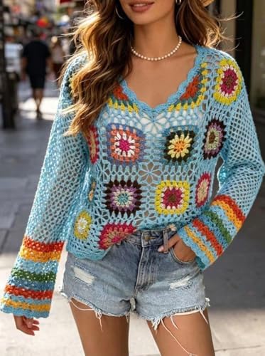Kinghua Crochet Tops for Women Spring Summer Boho Floral Shirts Coverups