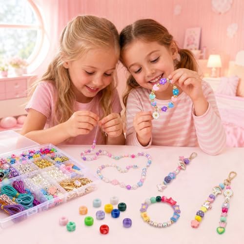 Fcoget 850pcs Beaded Keychain Making Kit,DIY Bead Keychain Making Kit, Bracelet Bag Charm Kit,with Acrylic Letter Pony Beads & Unicorn Crafts Jewelry Making Kit Gifts