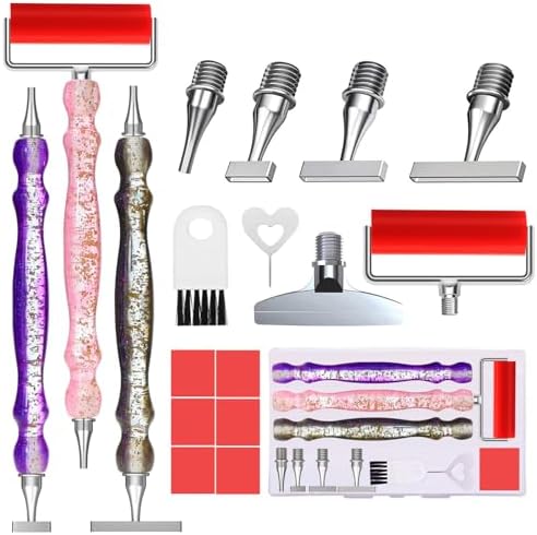 ZYNYXY 17PCS Ergonomic Diamond Art Pen Kits, with Multifunctional Metal Stainless Steel Screw Thin 1, 3, 6, 9, Tips, Correction Placers Roller Accessories (A Purple+ Pink+ Black+ 5 PCS Tips)