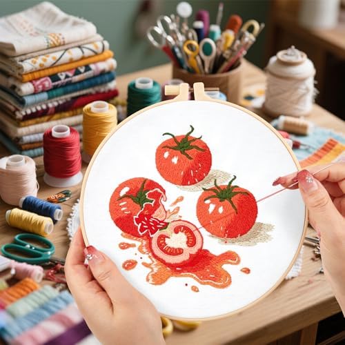 Tomato Embroidery Kits for Beginners Adults, Hand Embroidery Starter Kit, Cross Stitch Kits for Beginners DIY Craft Kits for Adults Women, Entire Set of Embroidery Supplies【Full-length Video Tutorial】