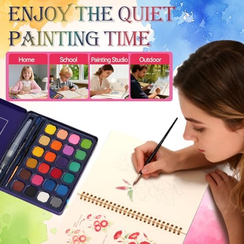 Floral Watercolor Painting Kit, 24 Paints, 3 Brushes, Workbook
