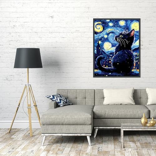 AALBLAC Black Cat Paint by Numbers Kit for Adults Beginners, Cat Adult Paint by Number Kits on Canvas, DIY Acrylic Starry Night Oil Painting for Home Wall Decor 16x20 Inch