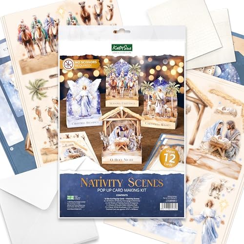 Katy Sue Nativity Scenes Pop Up Christmas Card Making Kit for Adults. Makes 12 Cards & Contains Nativity 3D Die-Cut Decoupage, Supports, Envelopes, Instructions & Foam Pads for Christmas Card Making
