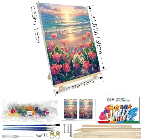 JOOZ Paint by Numbers Kit for Adults with Frame, Flowers Paint by Numbers for Adults, Seaside Sunset Paint by Number with Easel, DIY Tulip Oil Painting Kit for Home Wall Decor 8 x 12 Inch