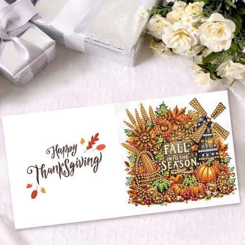 6Pcs Christmas Greeting Card DIY Diamond Art Painting Greeting Cards Blessing Folding Card Kit with White Envelopes Diamond Arts Crafts for Birthday Festival Gift-Pumpkin Text