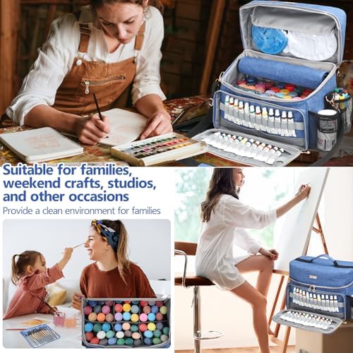 Art Supplies Organizer Storage Bag with Detachable Paint Brush Holder & Partition - Carrying Case for Home/Travel/Outdoor Fits Marks, Acrylic Paint, Palettes, Folding Buckets, Portfolios (Pro Blue)