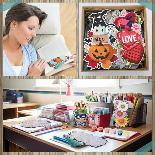 Kosiz 12 Pcs Festival Paint by Number Kit for Adult Wood Bookmark | Mini Paint by Numbers Kit, Painting Decor, Tiny Tassels Blank Bookmarks, for Small DIY Craft Book Lovers Gift 7x2 ''