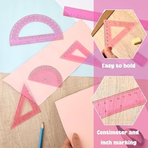 Tenare 6 Pcs Math Geometry Ruler Set, Protractor Triangle School,Pink