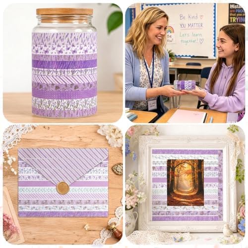 12 Rolls Floral Washi Tape Set, Purple Watercolor Flowers Design for for Journaling, Scrapbooking, DIY Craft, Planners, Gift Wrapping, Back to School Art Supplies