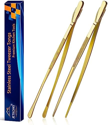JETKONG 2 Pcs 12-Inch Cooking Tweezers Stainless Steel Food Tweezers Kitchen Tweezer Tongs (Gold)