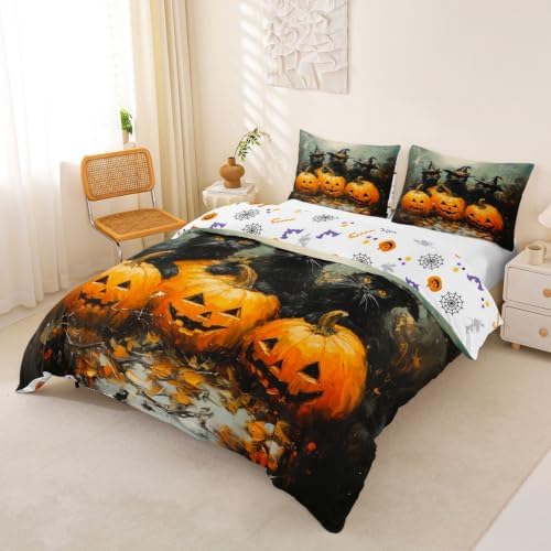 Erosebridal Halloween Black Cat Duvet Cover Queen Size Witch Hat Pumpkin Bedding Set for Adults Teens Women Horror Halloween Comforter Cover Vintage Oil Painting Bedclothes Room Decor