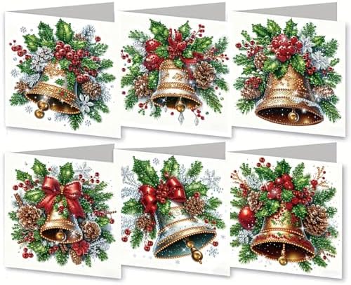 6Pcs Christmas Greeting Card DIY Diamond Art Painting Greeting Cards Blessing Folding Card Kit with White Envelopes Diamond Arts Crafts for Birthday Festival Gift-Bell
