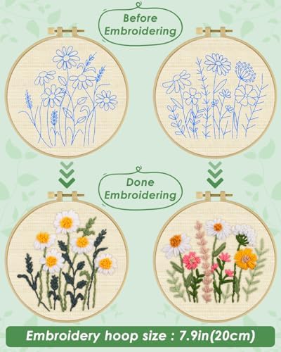 ERKOON Punch Needle Kit Adults Beginners, 2 Pcs DIY Easy Flower Embroidery Set for Starter Art Craft, Needling Punching Project with Patterns, Tools, Yarns, Hoop, Instruction (Daisies)