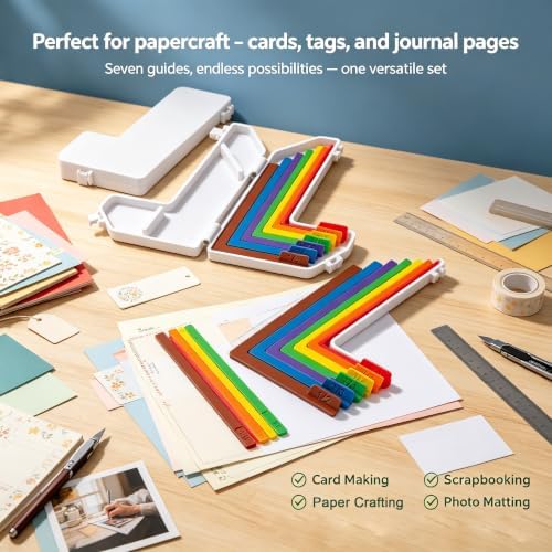 Paper Crafting Alignment Guide Set for Card Making & Scrapbookers, Alignment Tool with Case for Precision Layering, Color Coded Size Tabs for Card Making and Scrapbooking(7Pcs)