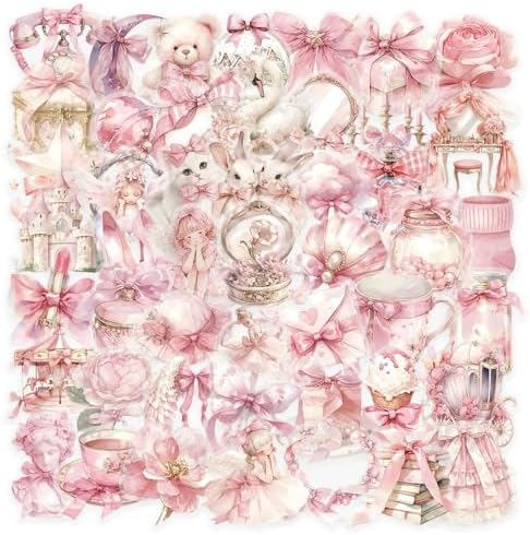 50pcs Pink Flowers Stickers Scrapbook, Self-Adhesive Waterproof Vinyl Sticker for Laptops, Aesthetic Decor Journal Stickers Planner Accessories for Luggage, Water Bottles