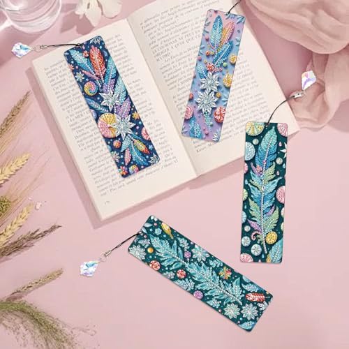 4 Pcs DIY 5D Diamond Painting Bookmark Kits, Special Shaped Acrylic Crystal Rhinestones Book Marks, Feather Diamond Art Bookmarks Crafts with Crystal Pendant, Handmade Tassel Bookmarks Gift Set