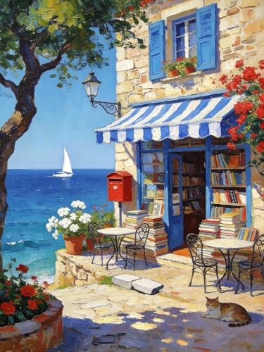 Bookstore by the Sea Diamond Art Kits for Adults, Diamond Painting Kit Adults for Beginners, Round 5D DIY Dimond art,Full Drill Painting Kit Art and Crafts for Adults Home Wall Decor【11.8x15.7inch】