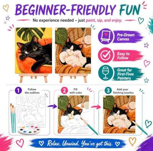 QUANWAISJ Sip and Paint Kit for Adults, Pre Drawn Canvas for Painting for Adults, 2 Pack Canvas Painting Kit, Paint Party Kit, Date Night Activities for Couples (Leisurely Cat)