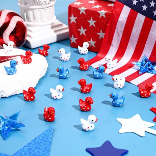 JUNEBRUSHS 50 Pcs Patriotic Ducks Mini Resin Duck 4th of July Tiny Ducks Red White Blue Miniature Ornaments for Vase Filler Jewelry Making DIY Crafts Party Gifts Decorations