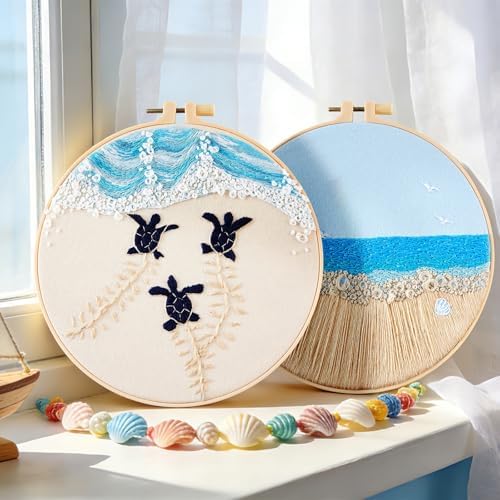 Embroidery Kit for Beginner Adults, Stamped Cross Stitch kits for Adults Beginners, Ocean Hand Embroidery Starter Needlepoint Kit, 2 Set Embroidery Supplies, 2 Hoops (Attached Teaching Video QR Code)