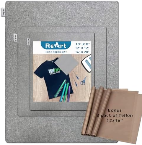 ReArt 3 Pcs Heat Press Mat 10" x 8" / 12" x 12" / 16" x 20" with 3 Pcs Teflon 12" x 16" for Cricut Easypress Both Sides Applicable - Cricket Craft Vinyl Ironing Insulation Transfer Heating Mats
