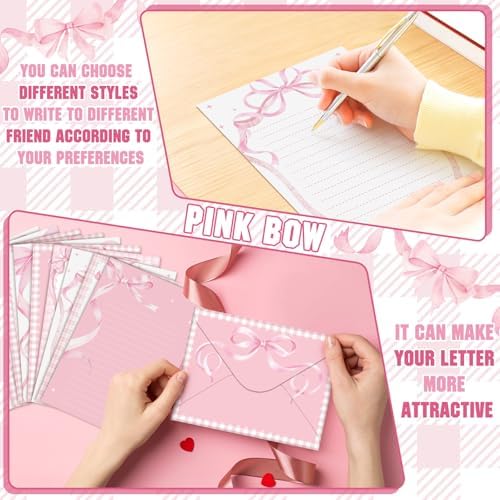 TaoBary 160 Pcs Pink Bow Stationery Paper Set for Girls with Stationery Letter and Envelopes 50 Double Sided Papers with 50 Matching Envelopes and 60 Round Dot Sticker 10 Design (5.5 x 8.25 Inch)