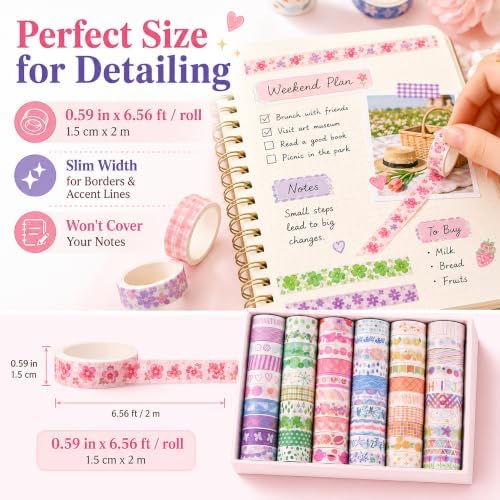 60 Rolls Colorful Washi Tape Set, 0.59 in x 6.56 ft Decorative Paper Tape with Assorted Patterns for Journaling, Scrapbooking, Planners, DIY Crafts and Gift Wrapping