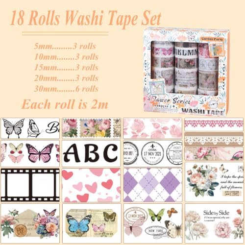 Washi Tape Set, 18 Rolls Washi Stickers, Assorted Sizes, for Junk Journal Scrapbook Tape, Bullet Journaling Scrapbooking Supplies, Planner Sticker DIY Craft DéCor (Dreamy Butterfly)