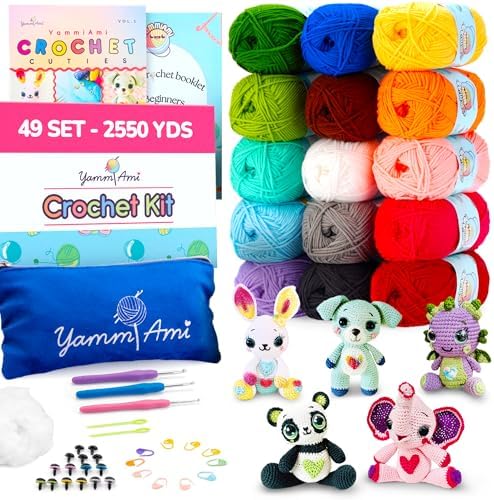 YammiAmi 2,550 Yards Beginner Crochet Kit for Adults - 15 Large Single Color Yarn Skeins - 49 Pc Amigurumi Crochet Kit for Starters - Learn to Crochet with Instruction Book - Accessories Set