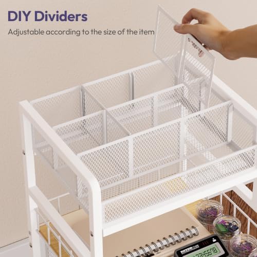 SWTYMIKI Rolling Cart with Drawers - Metal Craft Cart with Wheels, DIY Divider and Wood Shelf, Art Supply Organizer for Under Desk Storage, Utility Storage Cart for Home Office Studio, White