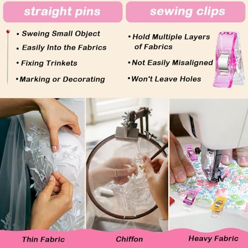 50Pcs Sewing Clips & 400PCS Sewing Pins with Box, Assorted Colors Quilting Clips Fabric Clips for Sewing Quilting Supplies Crafting Tools, Straight Pins with Colored Pearlized Ball Heads Long 1.6inch