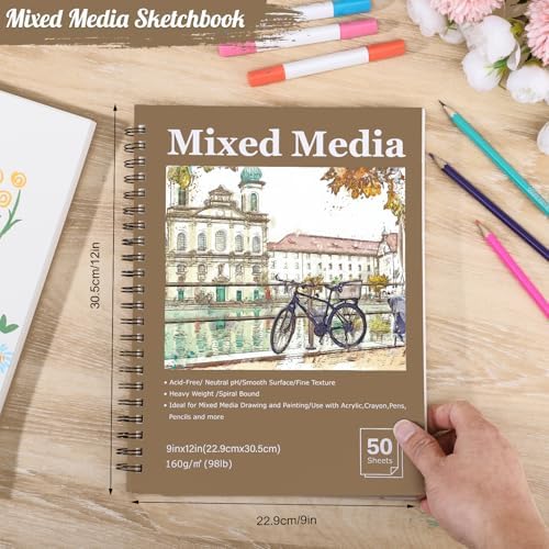 4 Pack 9x12 Mixed Media Sketchbook, Spiral Bound, 200 Sheets Sketch Pads