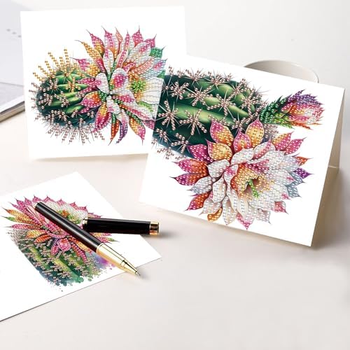 Tontut 6pcs Diamond Art Painting Kit Greeting Card, Cactus Flower 5D DIY Diamond Handmade Holiday Glitter Greeting Card with Envelope, Holiday Gift Congratulation