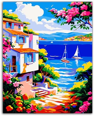 ZTOTZ Pink Landscape Paint by Numbers kit for Adults,Easy Paint by Numbers kit Seaside,Summer Holiday Number Painting for adults16X20 inch