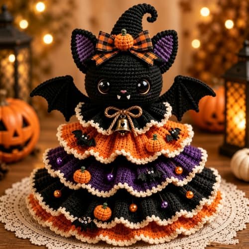 Halloween Crochet Tabletop Decor DIY Kit, Crochet Animal Halloween Tree DIY Craft Kit with Pumpkin Cow Character, Handmade Creative Holiday Craft Set for Adults, Gift for Craft Lovers，Ghost